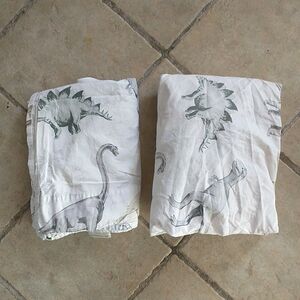 POTTERY BARN KIDS Flat Fitted Sheet Set Dinosaurs Trees Twin Size Cotton